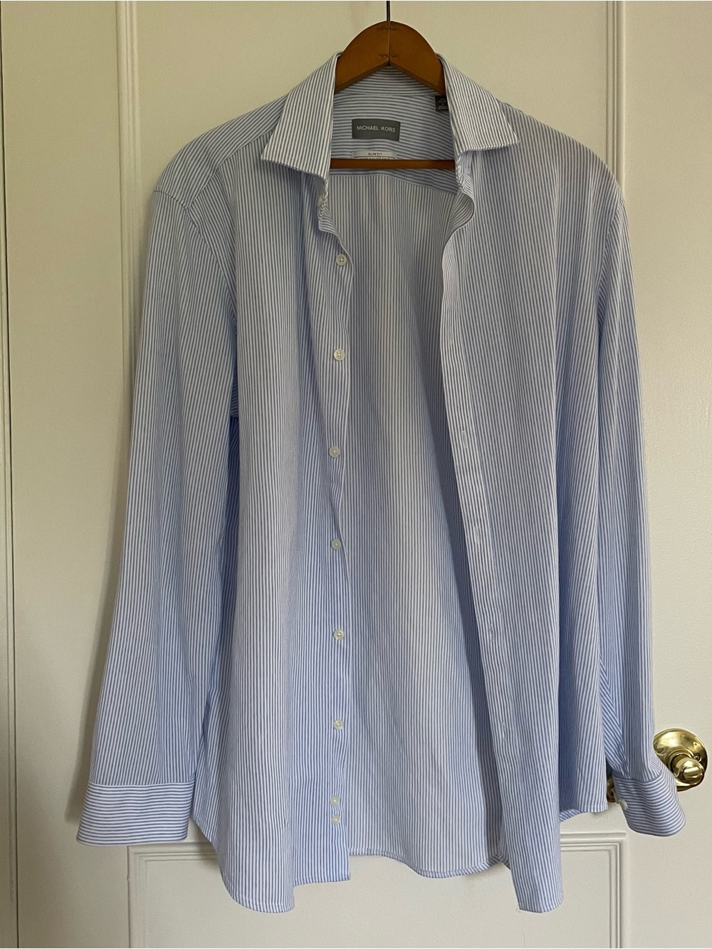 Michael Kors Men's Light Blue and White Pinstripe Dress Shirt